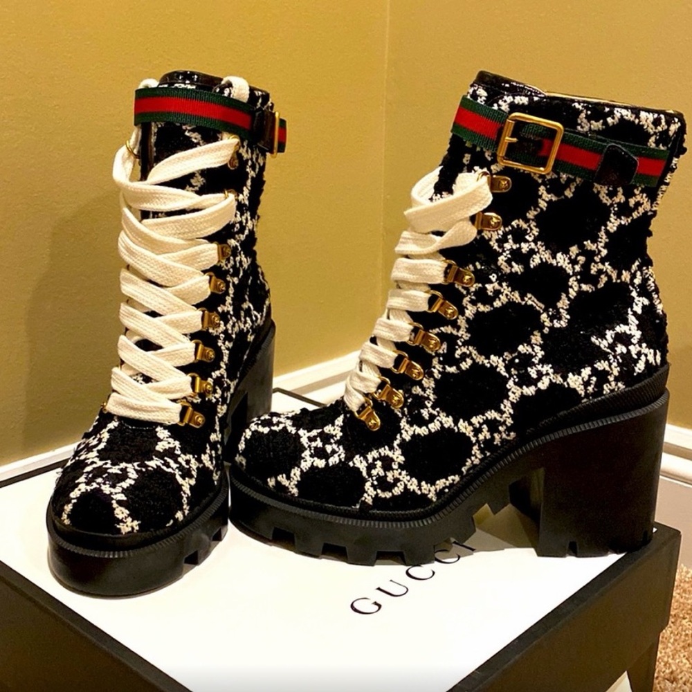 GUCCI GG TWEED ANKLE BOOTS | BLACK & IVORY | SIZE 39.5 | AUTHENTIC